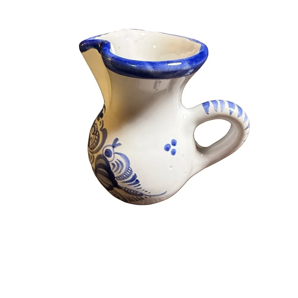 Modra Slov Ludova Majolika Cobalt Blue White Floral Ceramic Mini Pitcher Czech